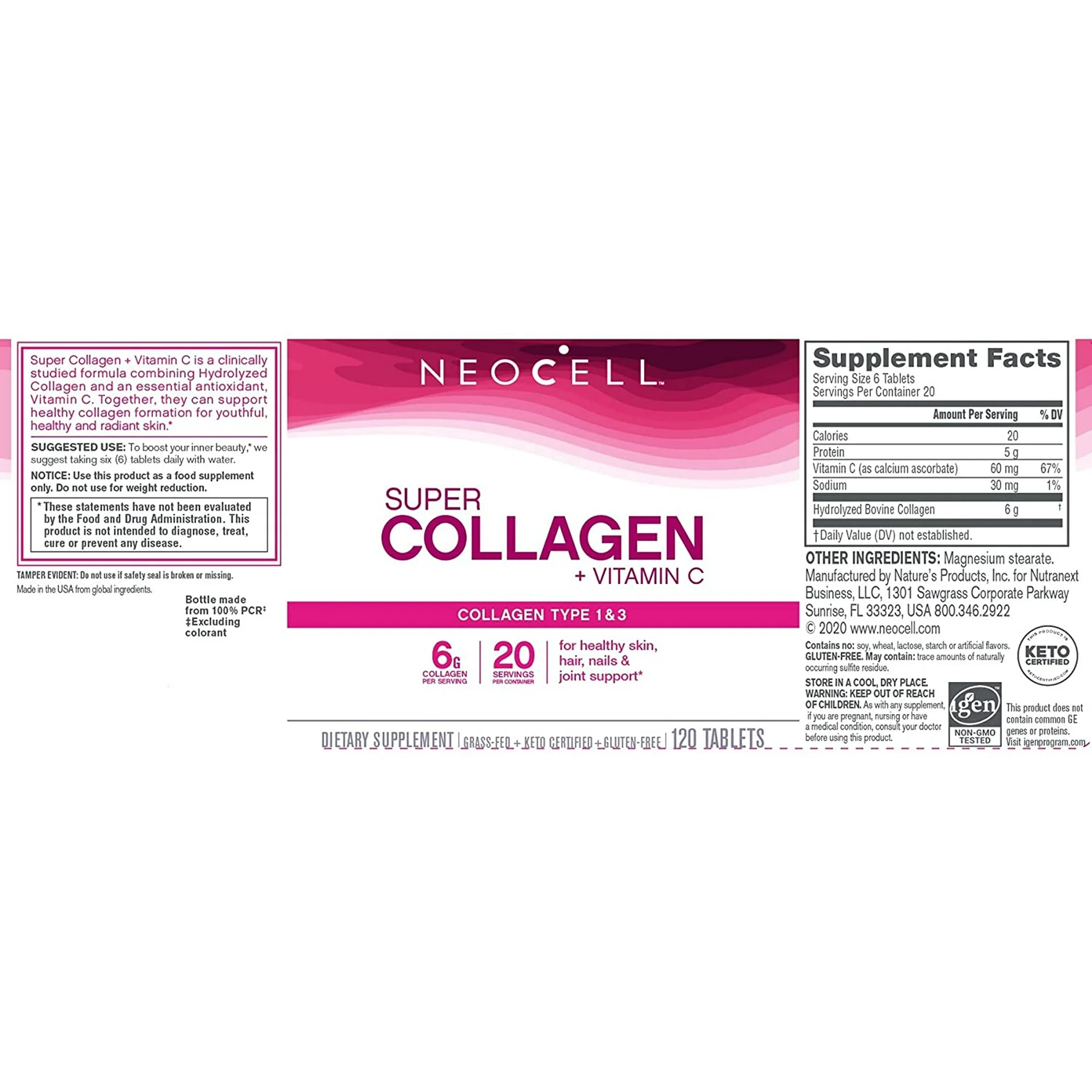 (Pro Order) นีโอเซลล์ คอลลาเจนชนิด 1&3 + วิตามินซี Neocell Super Collagen + C Type 1 & 3, 6000mg 120 Tablets บำรุงผิว ผม เล็บ และกระดูก